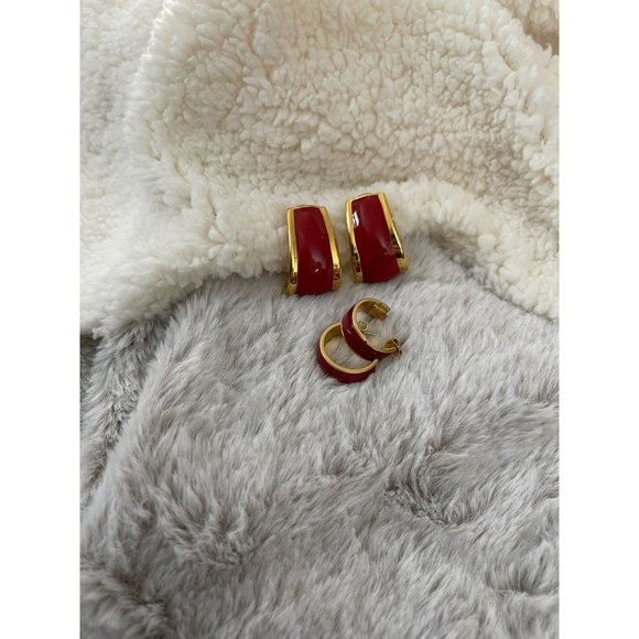 Vintage Avon Gold Tone Red Enamel Semi-Hoop Earrings - 2 Pairs - Picture 2 of 12